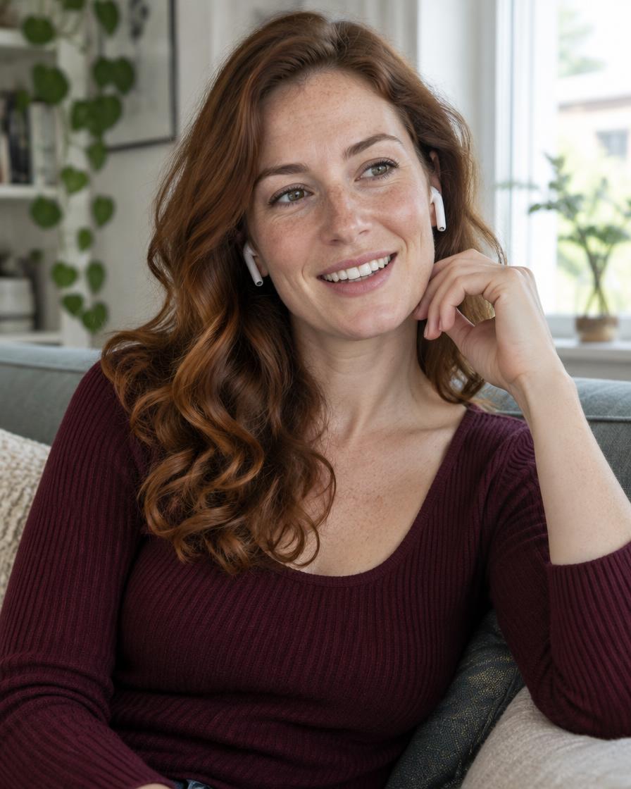 Woman smiling on a relaxed voice call at home