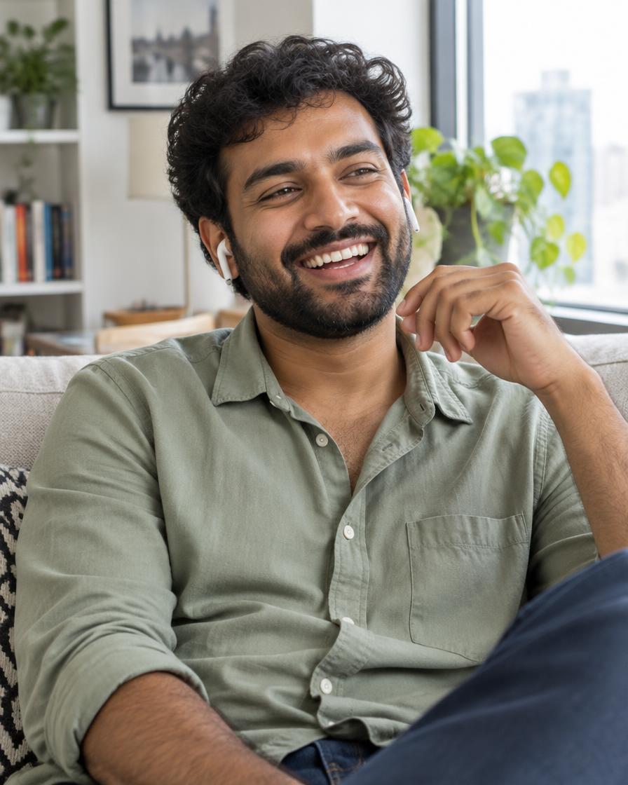 Man laughing during a voice call at home